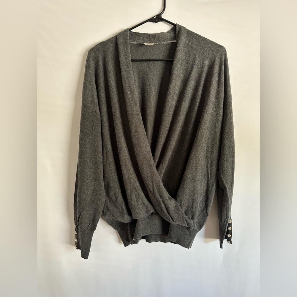 Chico’s Cashmere Blend Sweater Size 2 L Crystal Cuffs Faux Wrap Gray Luxury Cozy